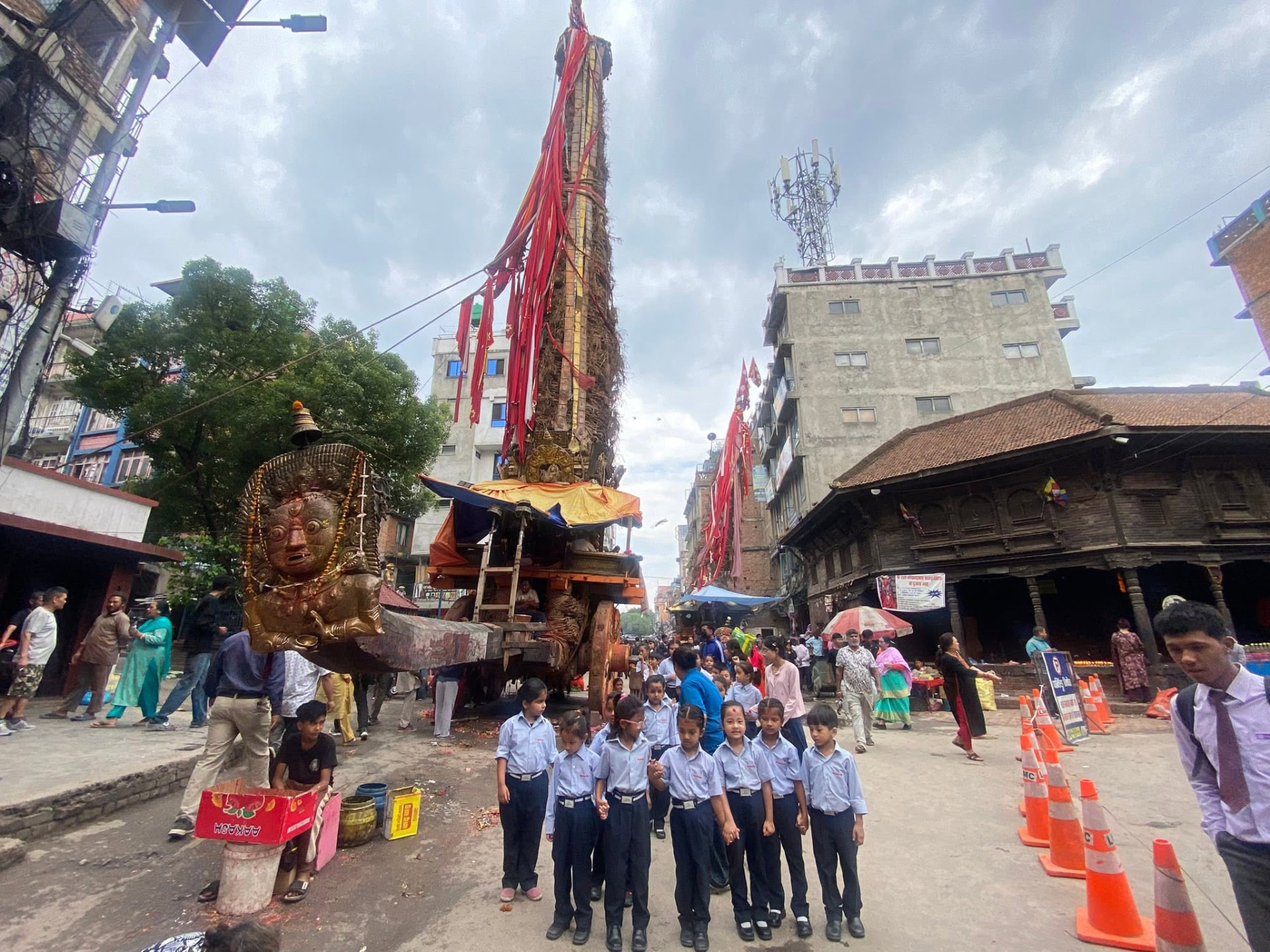 Students on an educational visit to the Rato Machhindranath chariot festival