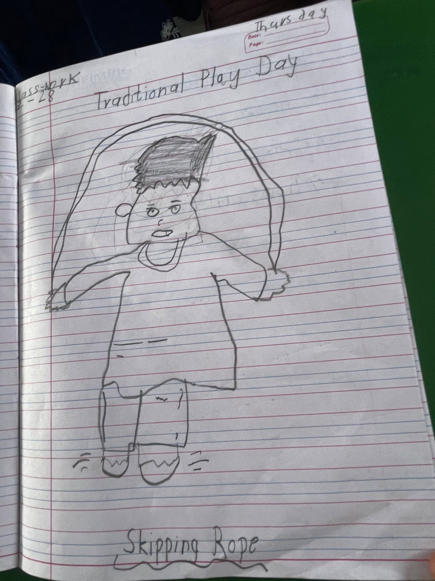 A student's Traditional Play Day classwork drawing of a child skipping rope