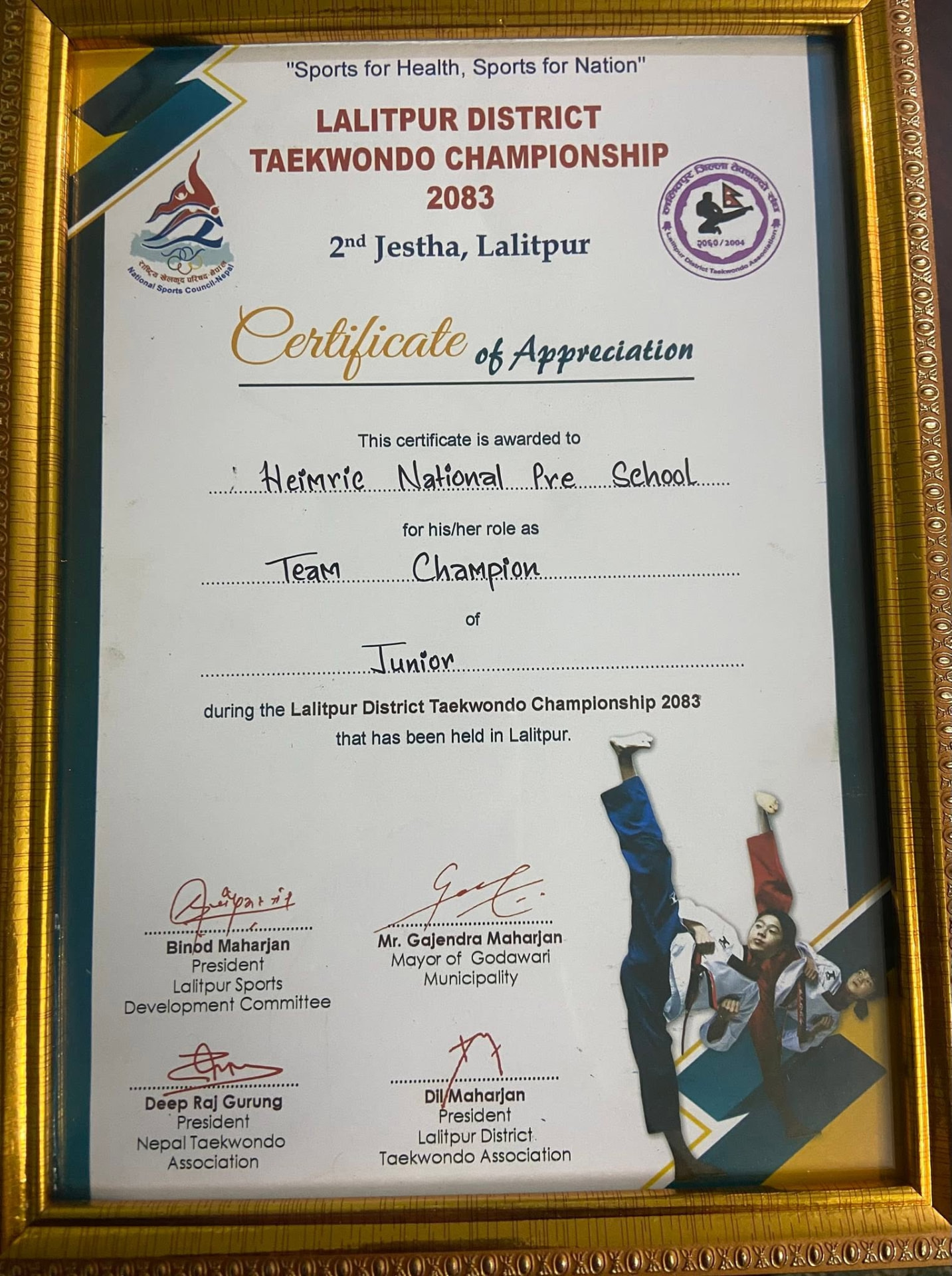 Junior team champion certificate from the Lalitpur District Taekwondo Championship 2083