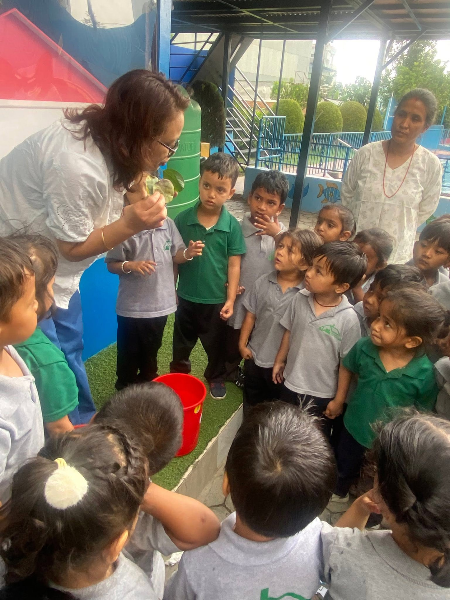 A teacher showing children a leaf during an outdoor nature lesson